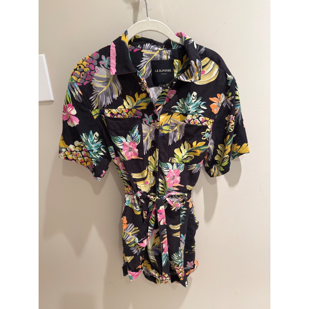 Le Superbe Floral Print Romper Belted Short Sleeve Black Size 0